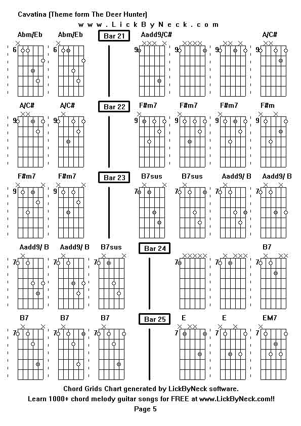 Chord Grids Chart of chord melody fingerstyle guitar song-Cavatina (Theme form The Deer Hunter),generated by LickByNeck software.